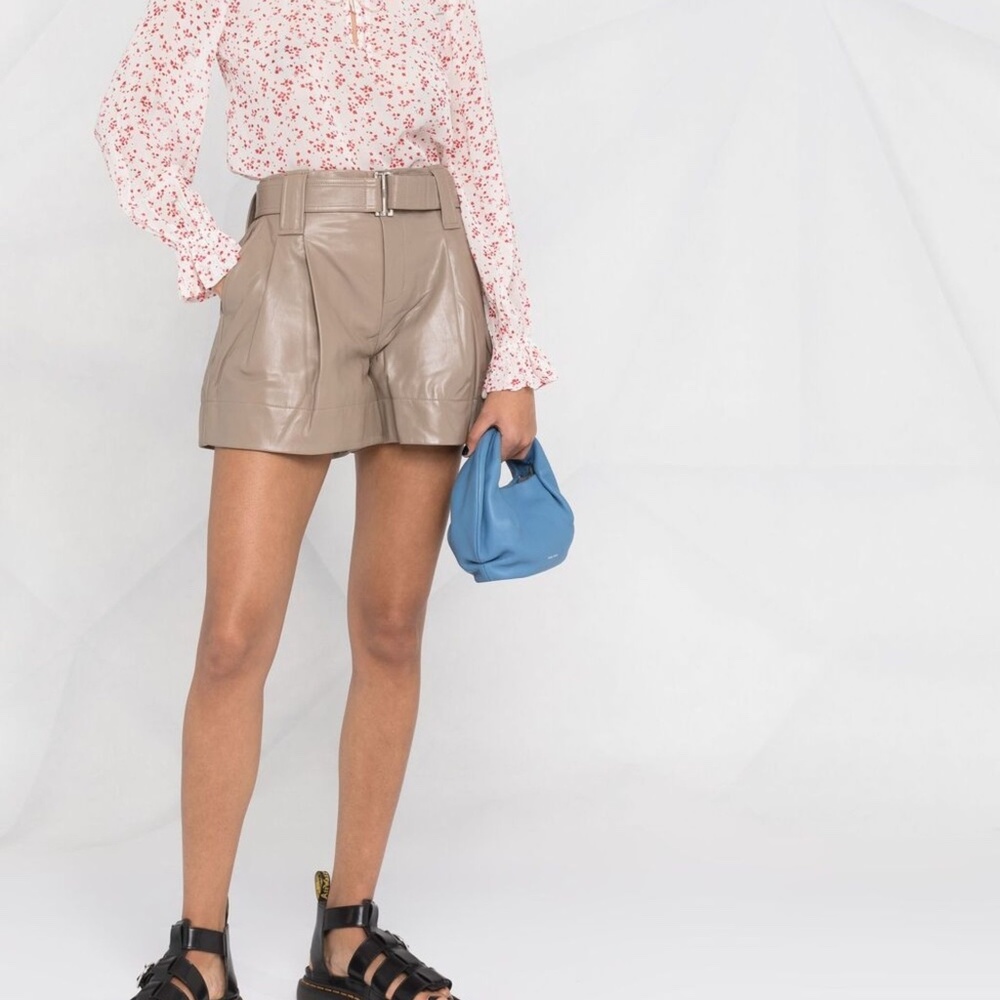 GANNI Belted Pleat Detail Leather Shorts - EU 38/US 6